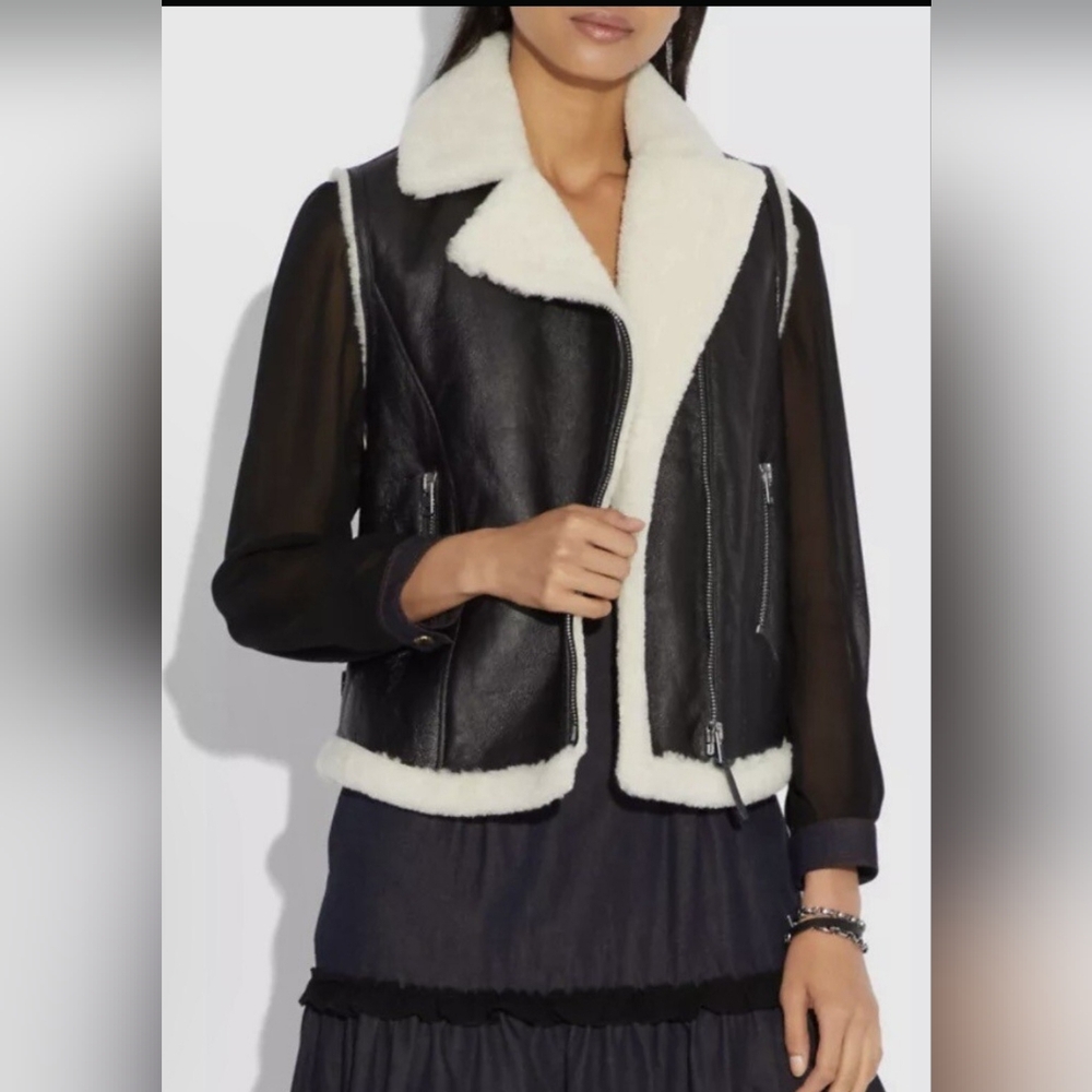 Coach Black Leather & Cream Shearling Vest Size XS